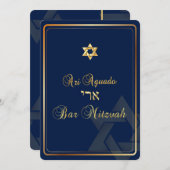 PixDezinesバースタイリッシュ（ユダヤ教の）バル・ミツバー/ダークブルー/金ゴールド 招待状 (正面/裏面)