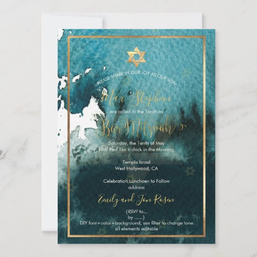 PixDezinesバー(ユダヤ教の)バル・ミツバーフォトテルグリーンウォーター色 招待状 (裏面)