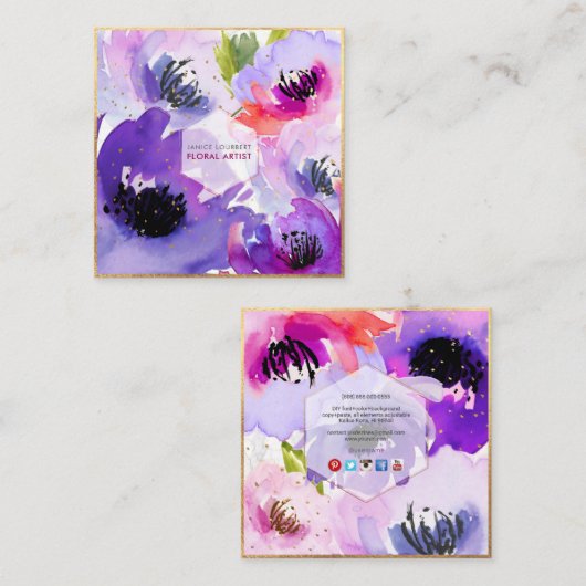 PixDezinesパープルウォーターバラ/フローラウォーター色 スクエア名刺 (正面/裏面)