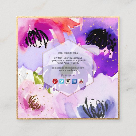 PixDezinesパープルウォーターバラ/フローラウォーター色 スクエア名刺 (裏面)