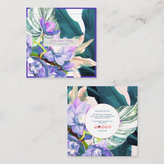 PixDezinesパープルオーキッドダークティール(緑がかった色)Ti葉 スクエア名刺 (正面/裏面)