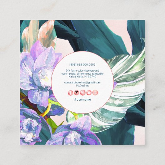 PixDezinesパープルオーキッドダークティール(緑がかった色)Ti葉 スクエア名刺 (裏面)