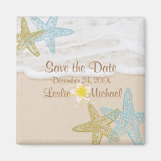 PixDezinesビーチ、スターフィッシュ+プルメリアの保存日 マグネット (正面)