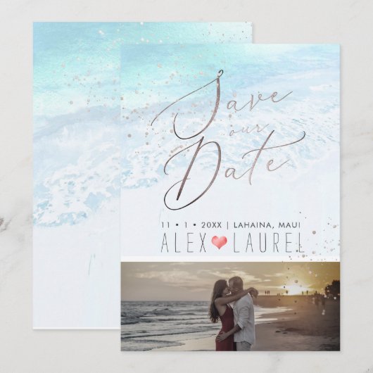 PixDezinesビーチ / 浜辺のSave the Date 招待状 (正面/裏面)