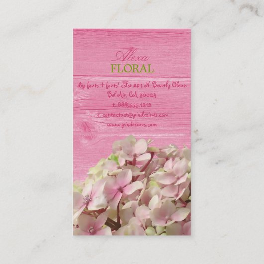 PixDezinesピンクのアジサイ、フロリスト/木材パネル 名刺 (裏面)