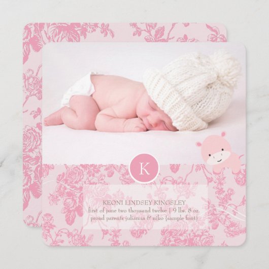 PixDezinesピンクのヒッポ+トイル 案内状 (正面/裏面)