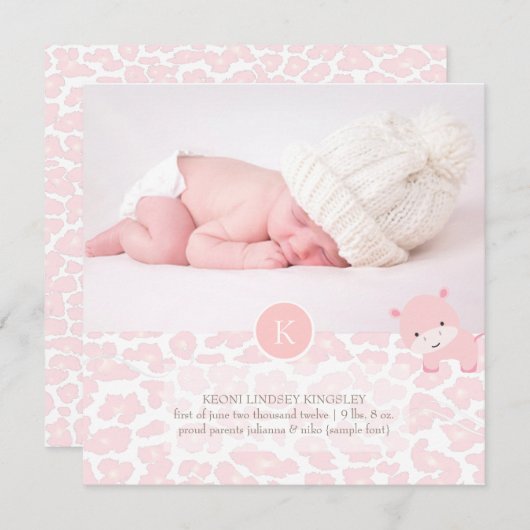 PixDezinesピンクのヒッポ+ヒョウ誕生のお知らせ 案内状 (正面/裏面)