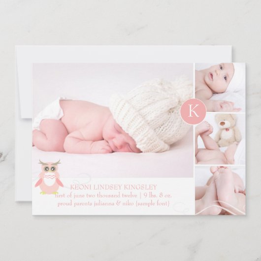 PixDezinesピンクのフクロウ/ディーアカントカラー 案内状 (正面)