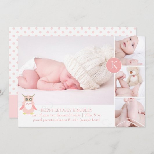 PixDezinesピンクのフクロウ/ディーアカントカラー 案内状 (正面/裏面)