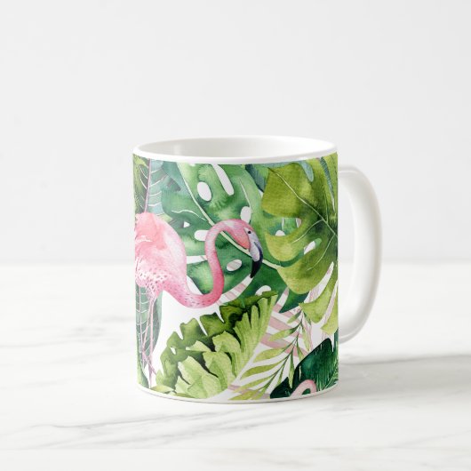 PixDezinesピンクのフラミンゴ+トロピカルリーフ コーヒーマグカップ (正面右)
