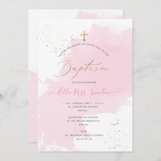 PixDezinesピンクの水の色は洗礼を洗った 招待状 (正面/裏面)