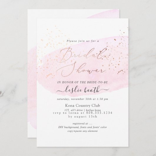 PixDezinesピンクウォーターカラーシャンパンブライダルシャワー 招待状 (正面/裏面)