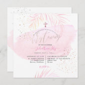 PixDezinesピンクウォーターカラーパーム《キリスト教》洗礼式や命名式 招待状 (正面/裏面)