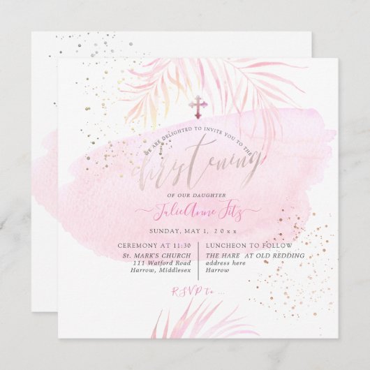 PixDezinesピンクウォーターカラーパーム《キリスト教》洗礼式や命名式 招待状 (正面/裏面)