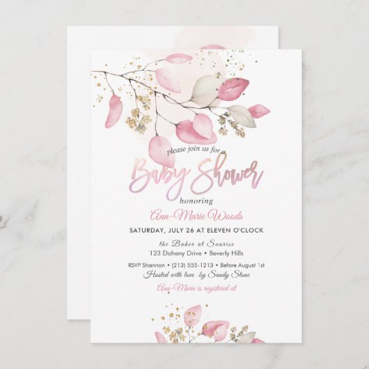 PixDezinesピンクガムユーカリ赤ちゃんシャワー 招待状 (正面/裏面)