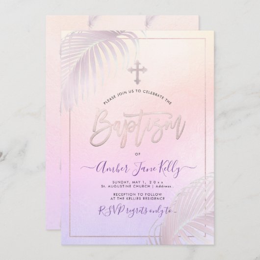 PixDezinesピンクシルバーパームスバプテスマ 招待状 (正面/裏面)