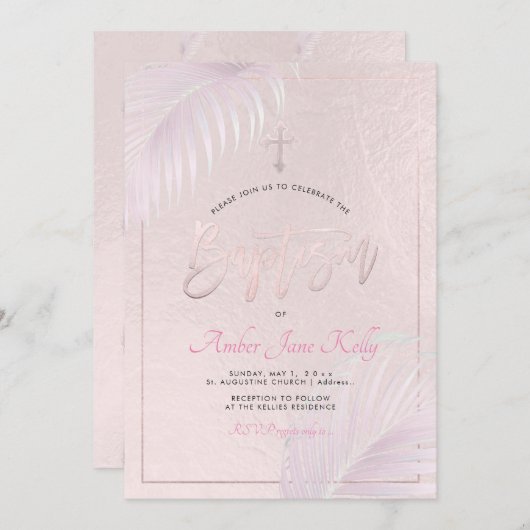 PixDezinesピンクシルバーパームスバプテスマ 招待状 (正面/裏面)