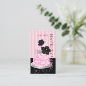 PixDezinesピンクストライプ+ダマスクケーキ/パティシセリ 名刺 (スタンド正面)