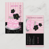 PixDezinesピンクストライプ+ダマスクケーキ/パティシセリ 名刺 (正面/裏面)