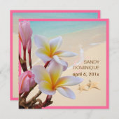 PixDezinesピンクプルメリア+ビーチ+ヒトデ 招待状 (正面/裏面)