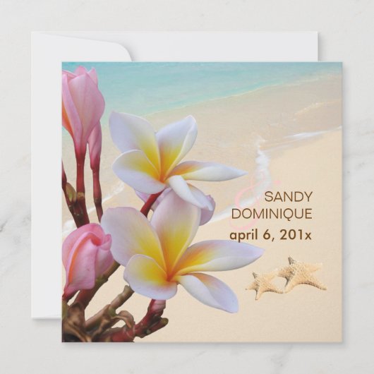 PixDezinesピンクプルメリア+ビーチ+ヒトデ 招待状 (正面)