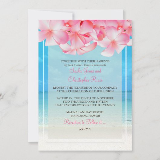PixDezinesピンクプルメリア+ビーチ/熱帯の楽園 招待状 (裏面)