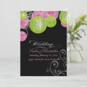 PixDezinesピンク+緑のランタン/日の背景 招待状 (スタンド正面)