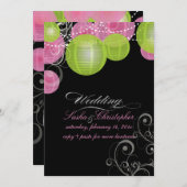 PixDezinesピンク+緑のランタン/日の背景 招待状 (正面/裏面)