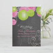 PixDezinesピンク+緑のランタン/黒板 招待状 (スタンド正面)