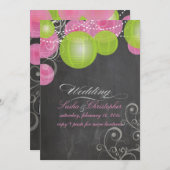 PixDezinesピンク+緑のランタン/黒板 招待状 (正面/裏面)