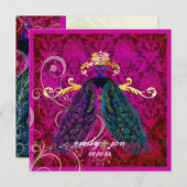 PixDezinesピーコサイケデリックックフェザー/ホットピンク 招待状 (正面/裏面)