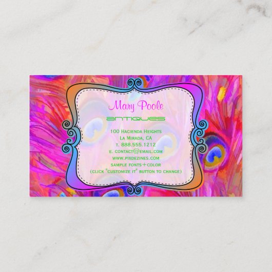 PixDezinesピーコック色彩の鮮やか/ホットピンク 名刺 (裏面)