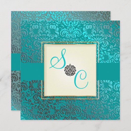 PixDezinesフィドラブルー+ティール（緑がかった色）ヴィンテージダマスク 招待状 (正面/裏面)