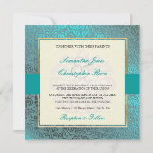 PixDezinesフィドラブルー+ティール(緑がかった色)ヴィンテージダマスク 招待状 (裏面)