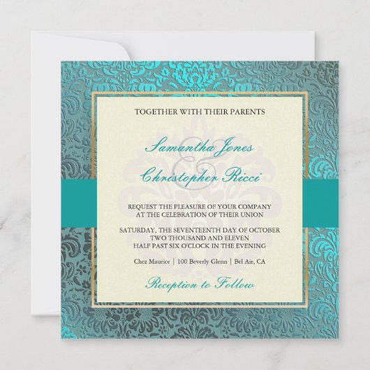 PixDezinesフィドラブルー+ティール（緑がかった色）ヴィンテージダマスク 招待状 (裏面)
