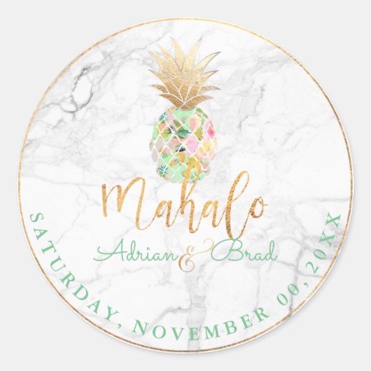 PixDezinesフェイク金ゴールドパイナップル/ミント/大理石 ラウンドシール (正面)