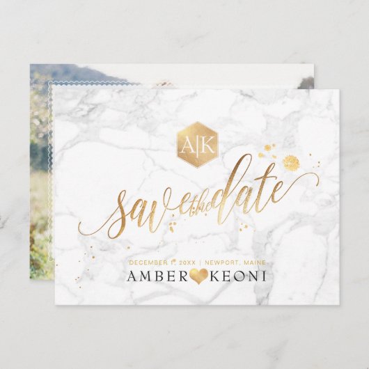 PixDezinesフェイク金ゴールド/モノグラム/大理石救/Our Date ポストカード (正面/裏面)