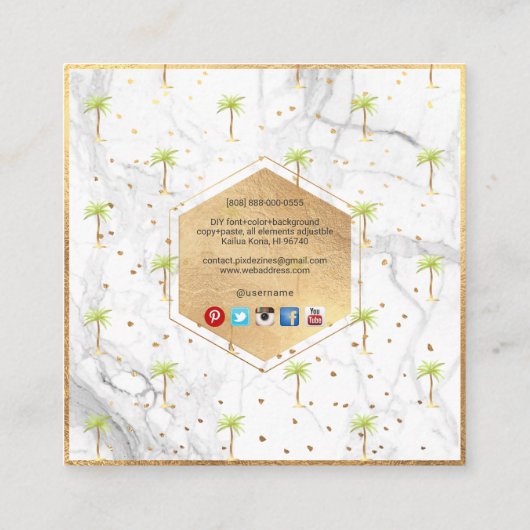 PixDezinesフェイク金ゴールドPALM TREE+MARBLE スクエア名刺 (裏面)