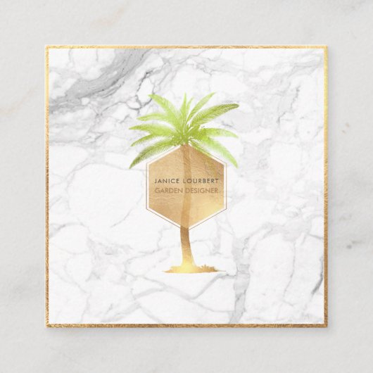 PixDezinesフェイク金ゴールドPALM TREE+MARBLE スクエア名刺 (正面)