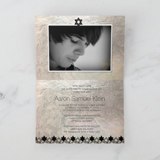 PixDezinesフォトスタイリッシュバー(ユダヤ教の)バル・ミツバーフェイク/フォイル 招待状 (内部)