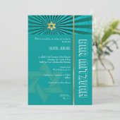 PixDezinesフォトバー(ユダヤ教の)バル・ミツバー/ティール(緑がかった色)/フェイク金ゴー 招待状 (スタンド正面)