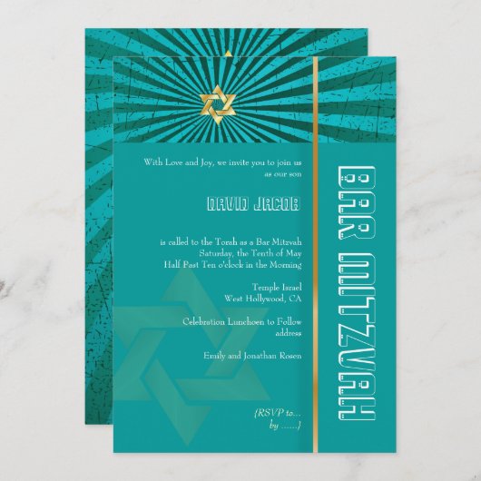 PixDezinesフォトバー(ユダヤ教の)バル・ミツバー/ティール(緑がかった色)/フェイク金ゴー 招待状 (正面/裏面)