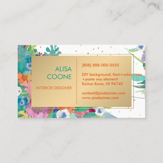 PixDezinesフローラの水彩画/パンジー/金ゴールドスペック 名刺 (裏面)