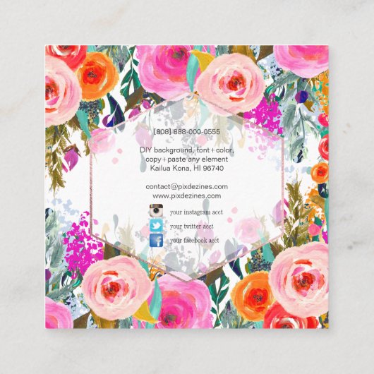 PixDezinesフローラ水彩/春ブーケ スクエア名刺 (裏面)