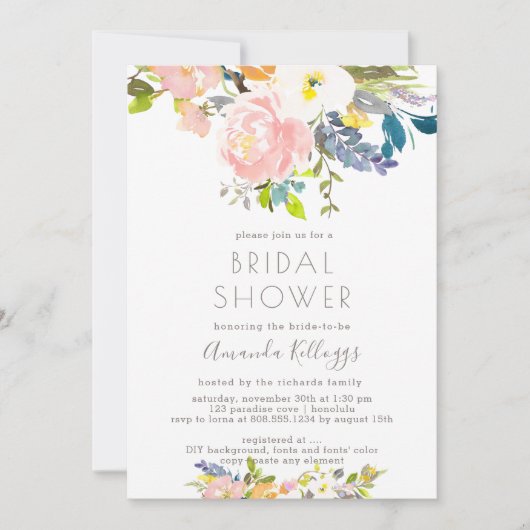 PixDezinesブライダルシャワーパステルウォーターカラーフラワーズ 招待状 (正面)