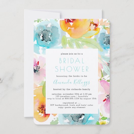 PixDezinesブライダルシャワー水カラー春フローラ 招待状 (正面)