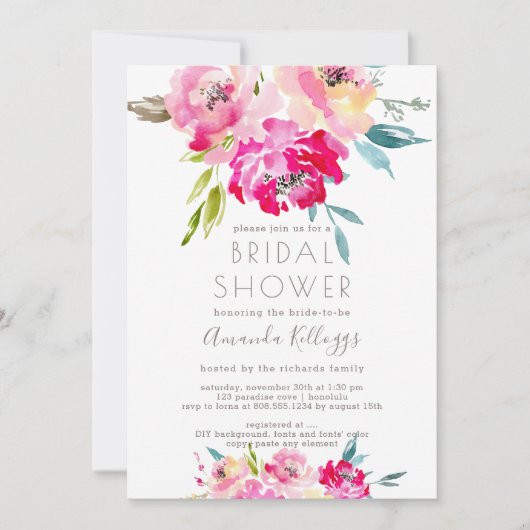 PixDezinesブライダルシャワー水彩牡丹 招待状 (正面)