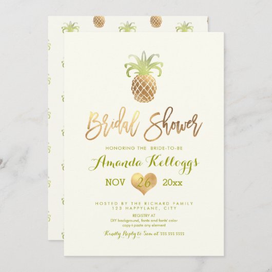 PixDezinesブライダルシャワー/フェイク金ゴールド/パイナップル 招待状 (正面/裏面)