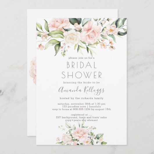 PixDezinesブライダルシャワーH2赤面クリームバラ 招待状 (正面/裏面)