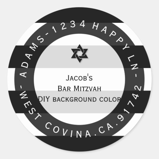 PixDezinesブラック+ホワイトストライプ（ユダヤ教の）バル・ミツバーリターン追加 ラウンドシール (正面)